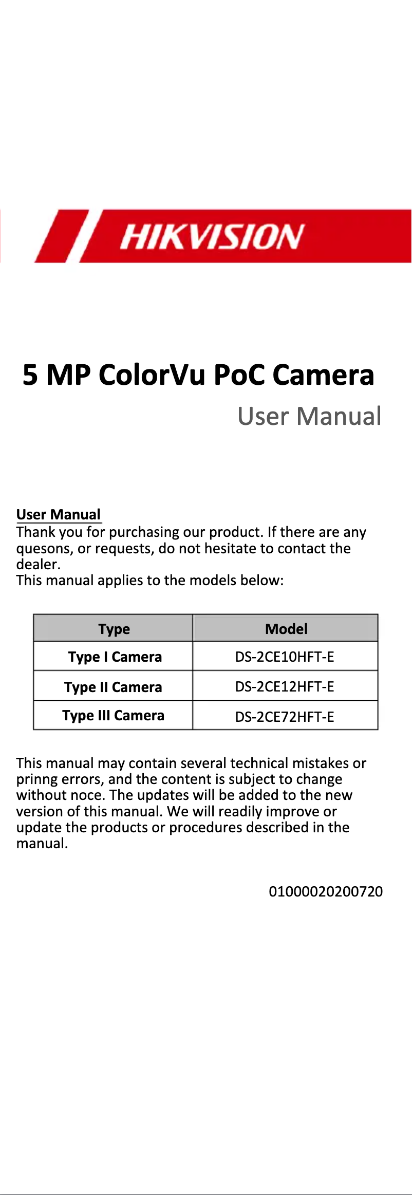 Page 1 of the manual Instruction Manual Hikvision DS-2CE72HFT-E