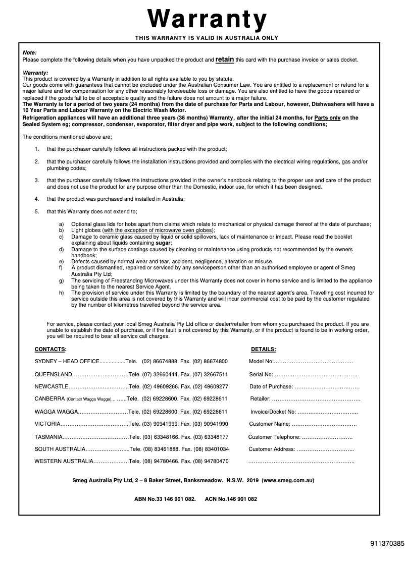 Page 1 of the manual Warranty Information Smeg CVIA618RNX2
