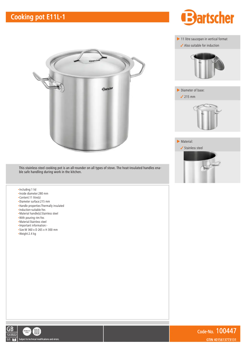 Page 1 of the manual Technical Sheet Bartscher E11L-1