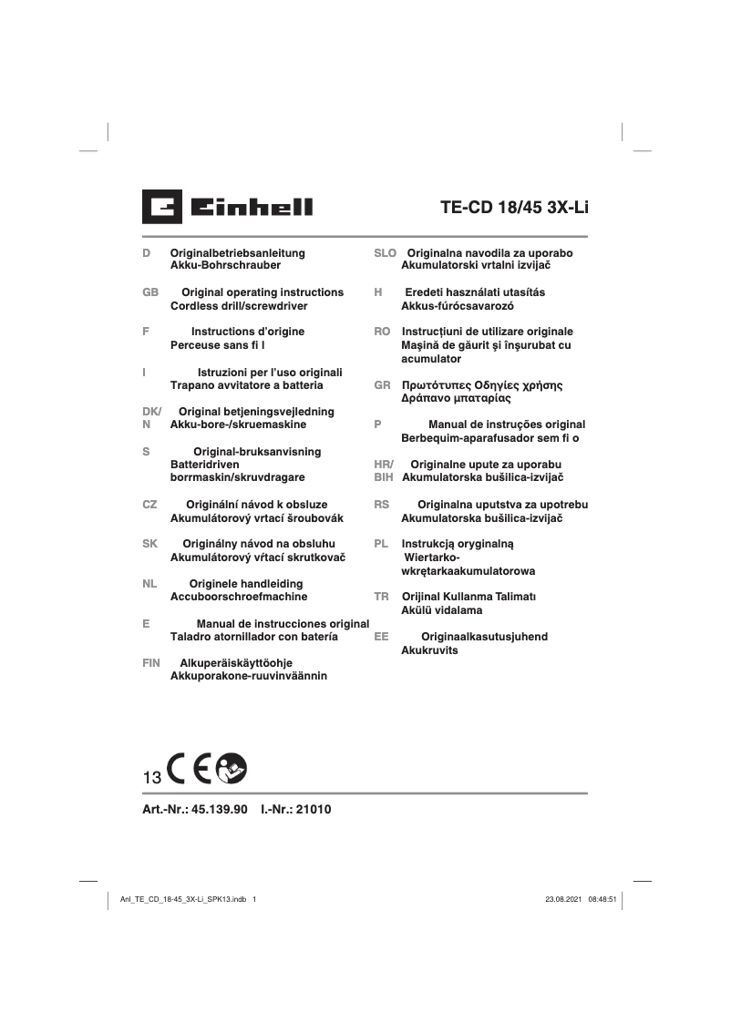 Page 1 de la notice Manuel utilisateur Einhell TE-CD 18/45 3X-Li