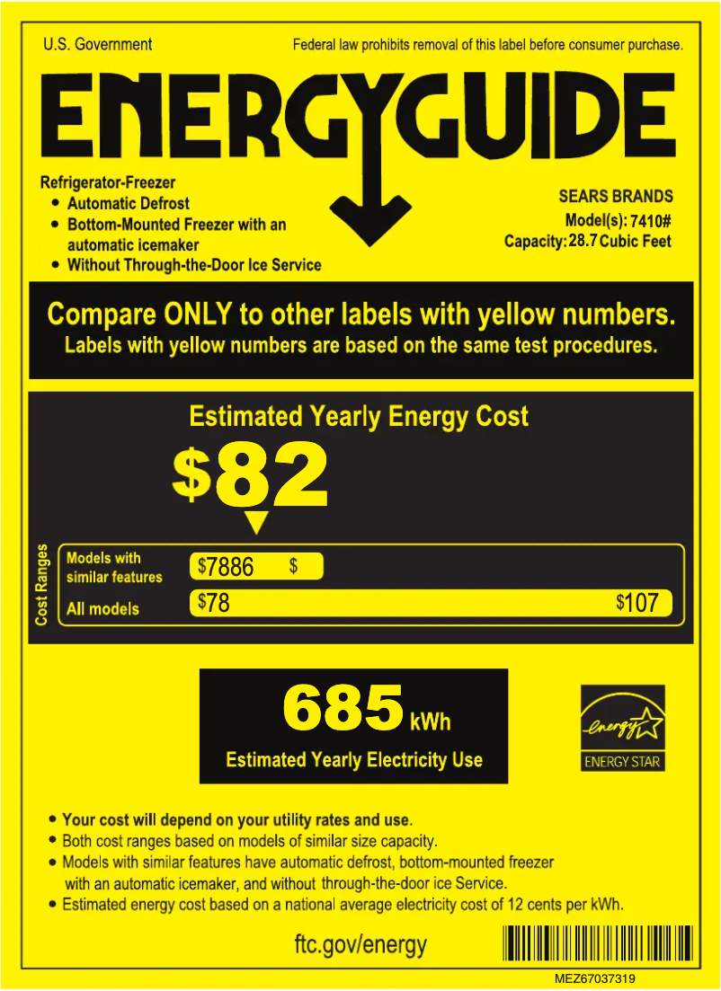 Page 1 of the manual Energy Label Kenmore 74102