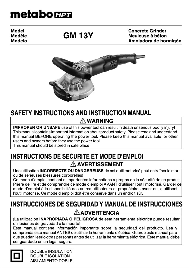 Page 1 of the manual User Manual Metabo GM13Y