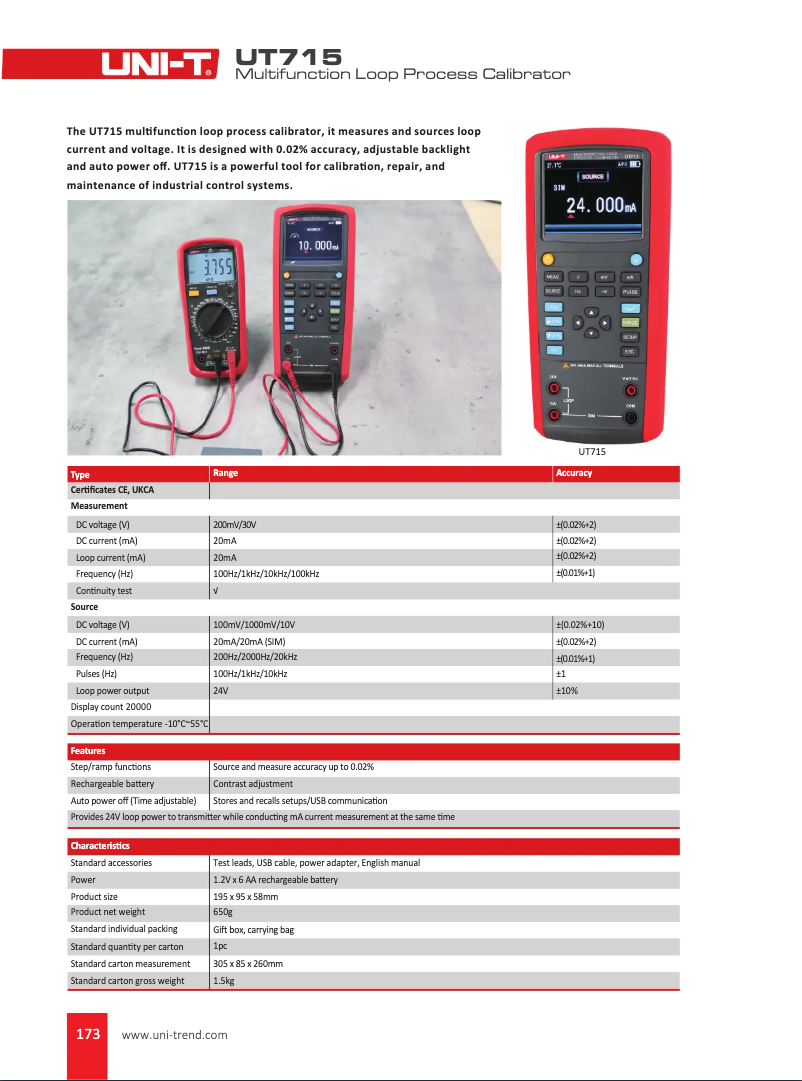 Page 1 of the manual Technical Sheet Uni-T UT715