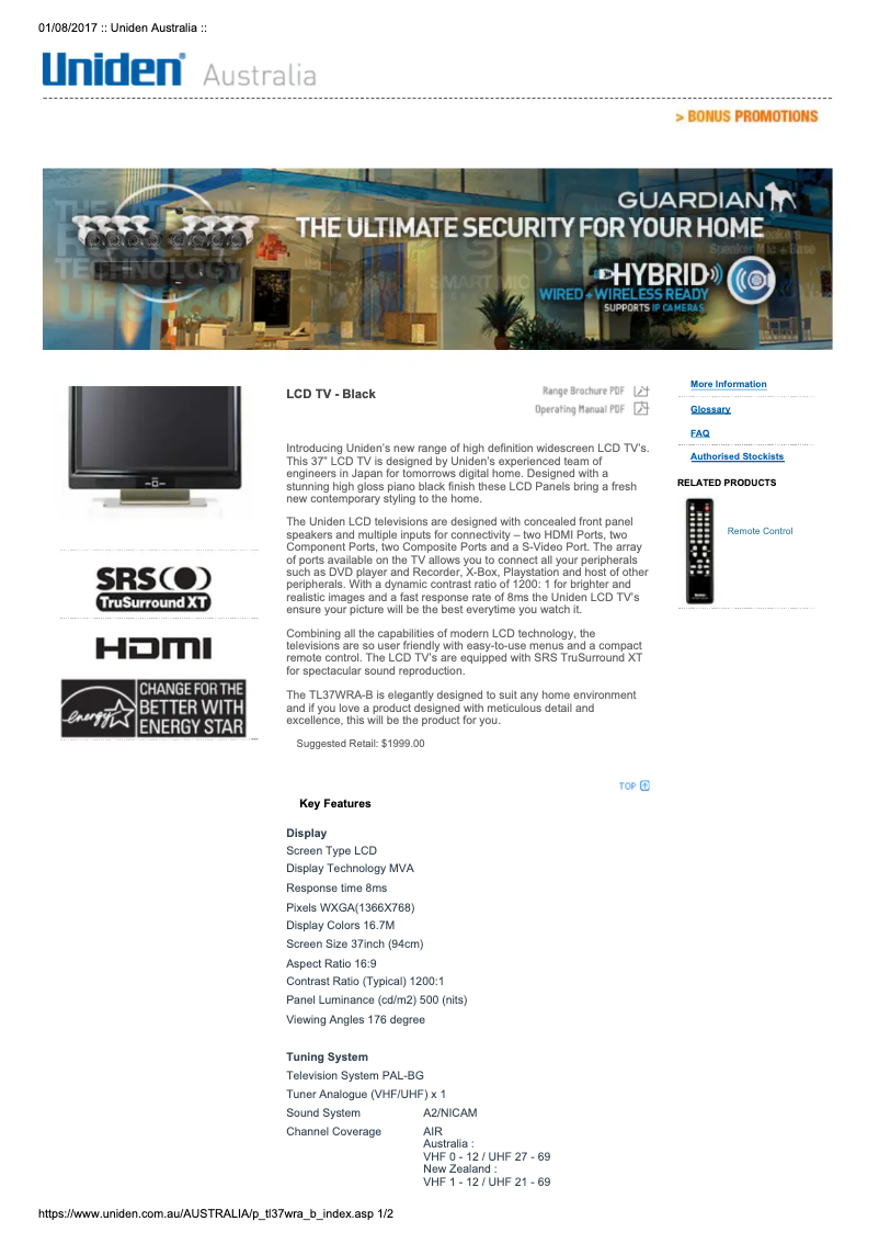 Page 1 of the manual User Manual Uniden TL37WRA-B