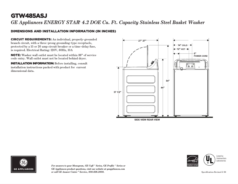 Page 1 of the manual Technical Sheet GE GTW485ASJWS
