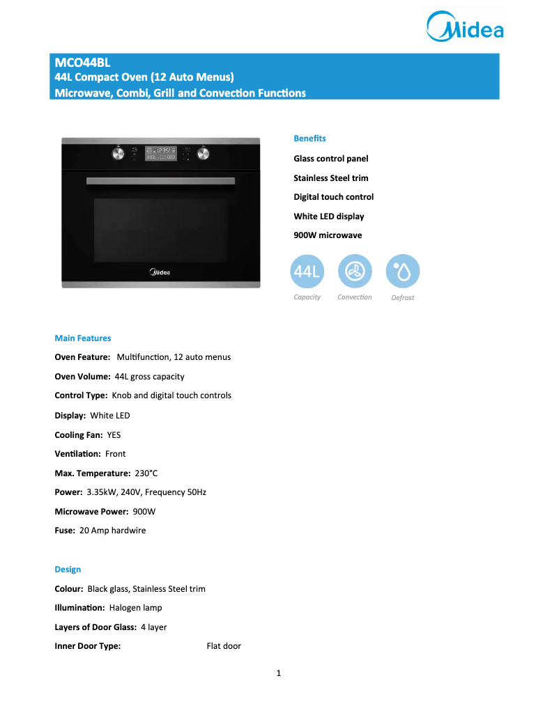 Page 1 of the manual Technical Sheet Midea MCO44BL