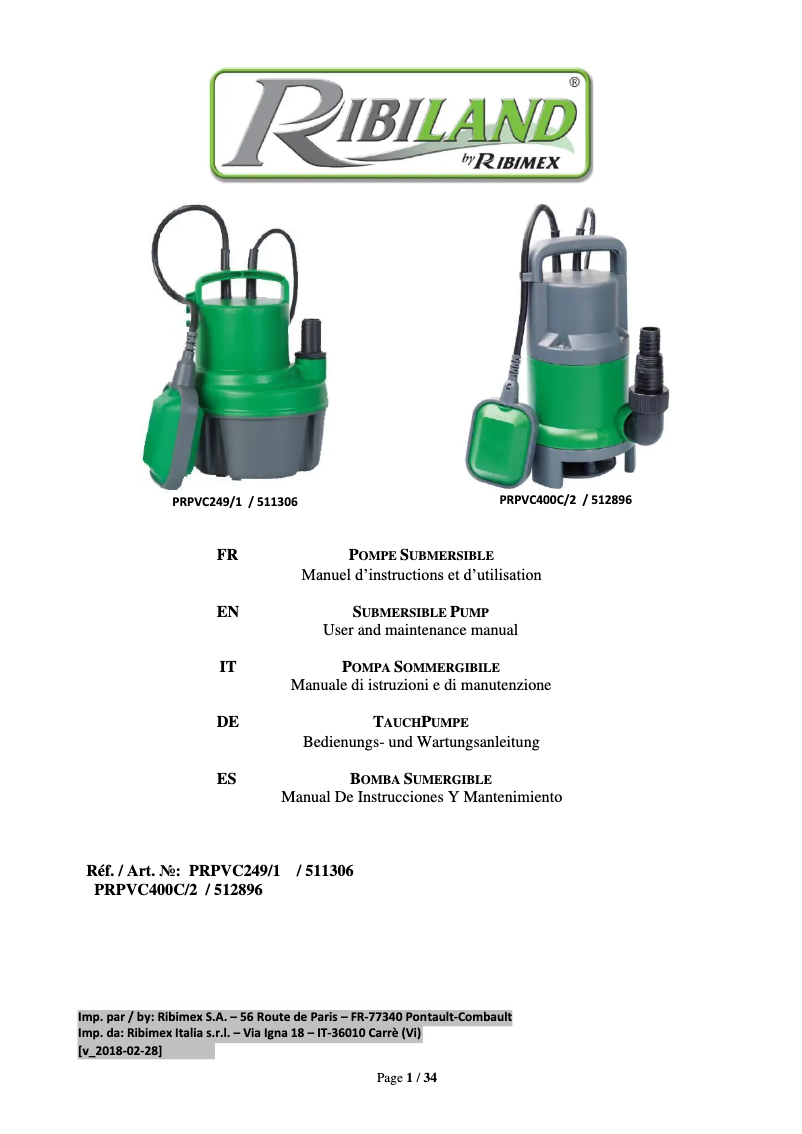 First page image of the manual for Ribiland PRPVC249