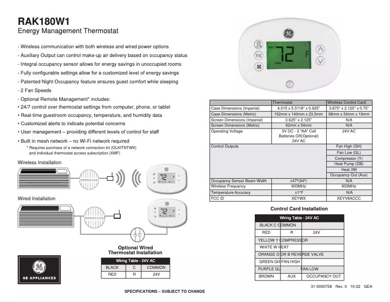 Page 1 of the manual Technical Sheet GE RAK180W1