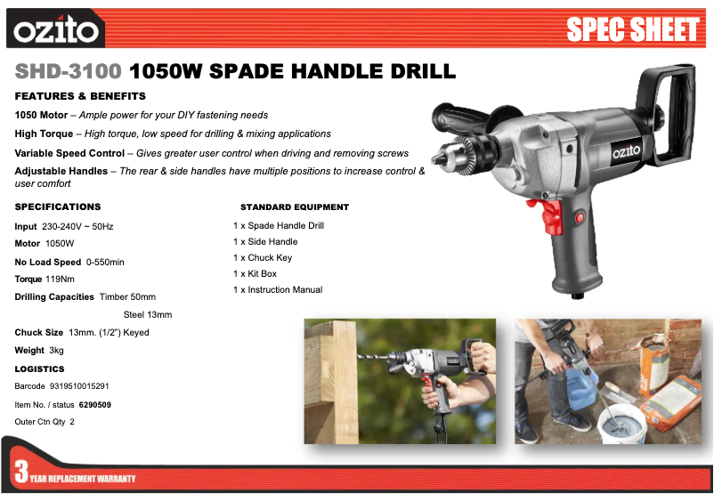 Page 1 de la notice Fiche technique Ozito SHD-3100