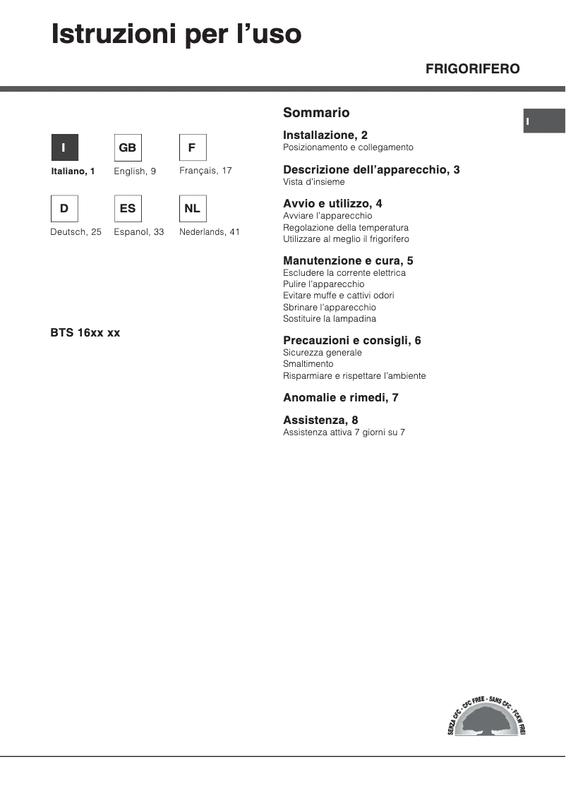 Page 1 of the manual User Manual Hotpoint Ariston BTS 1621