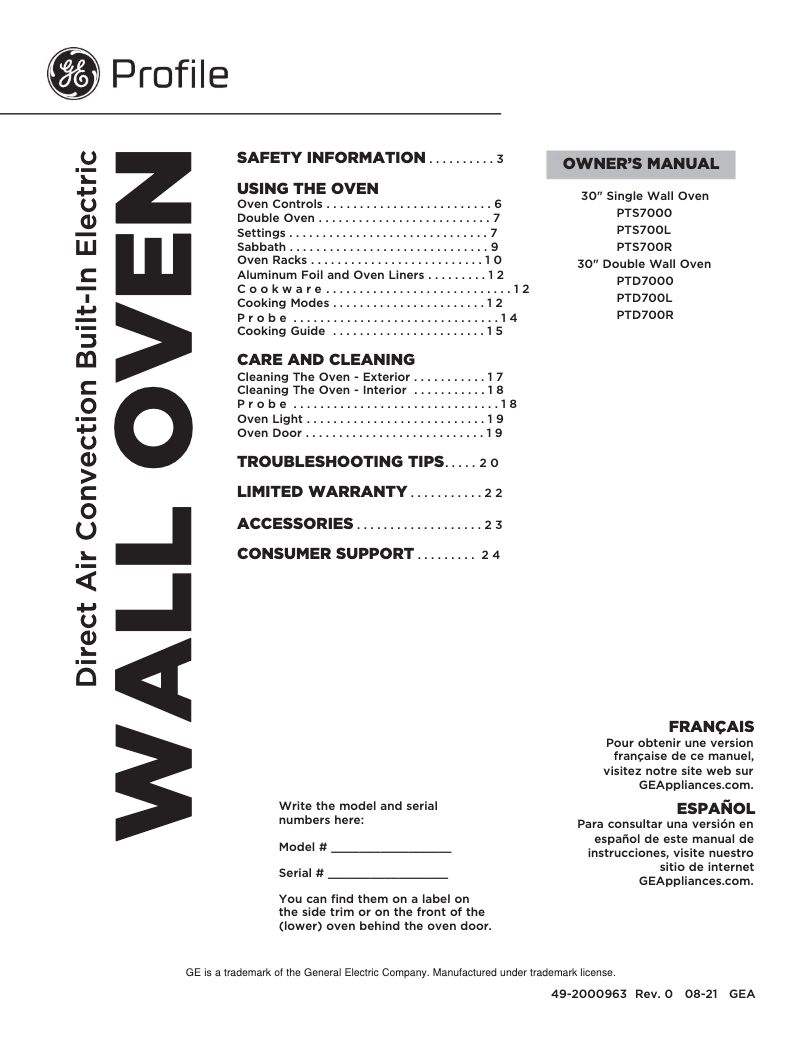 Page 1 of the manual Use and Maintenance Manual GE Profile PTS7000BNTS