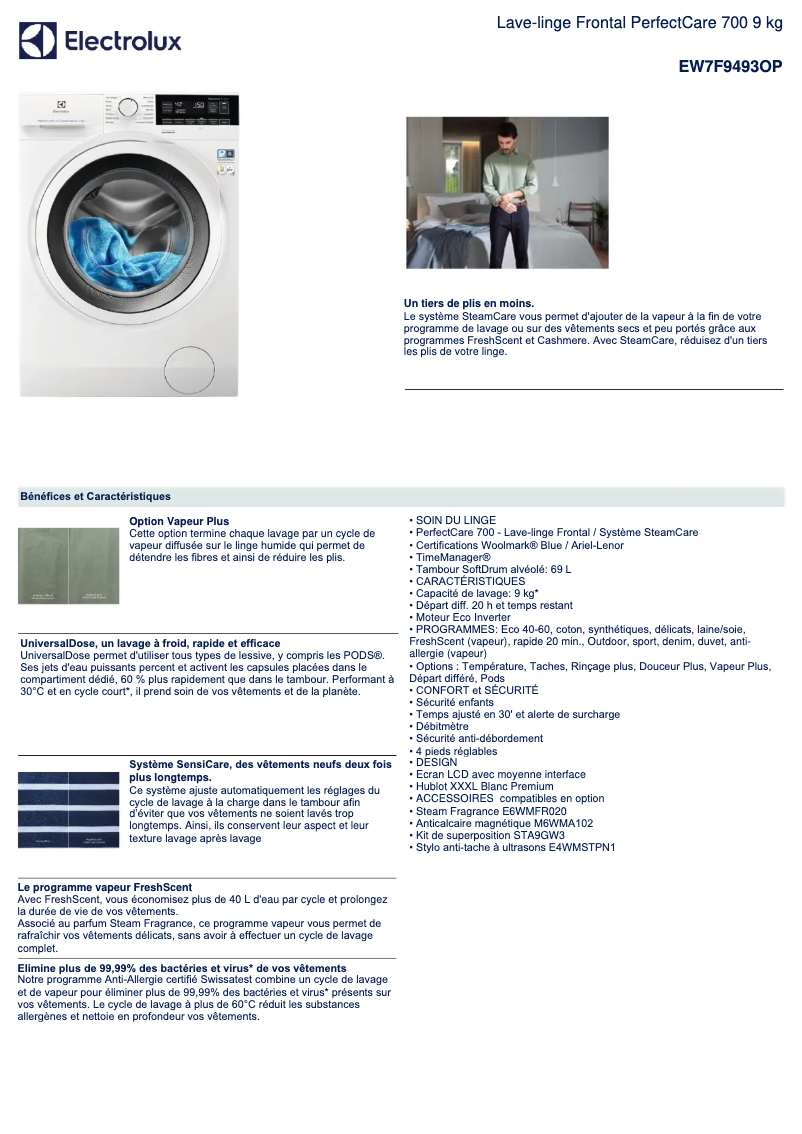 Page 1 of the manual Technical Sheet Electrolux EW7F9493OP
