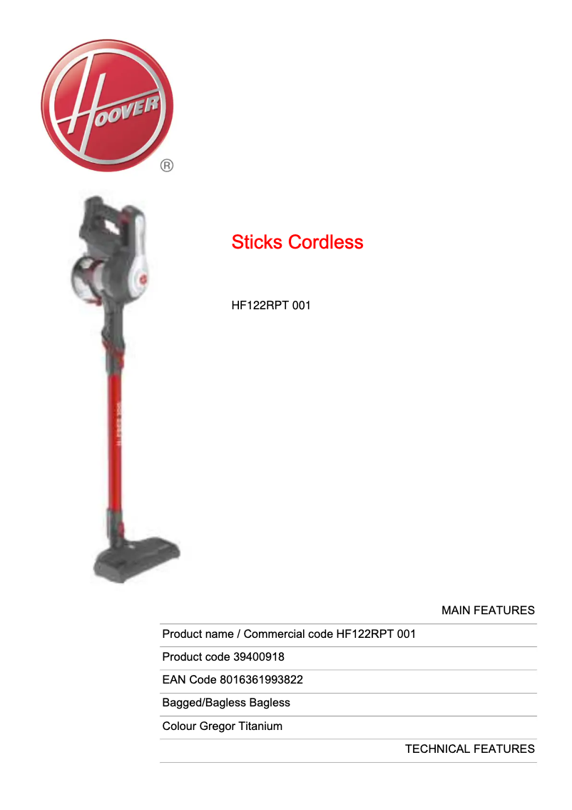 Page 1 of the manual Technical Sheet Hoover H-FREE 100 HF122RPT 001