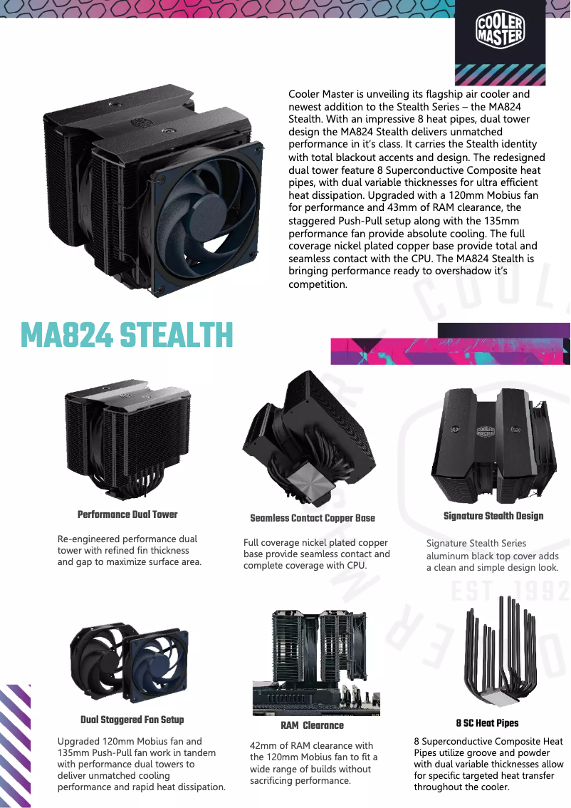 Page 1 of the manual Technical Sheet Cooler Master MasterAir MA824 Stealth
