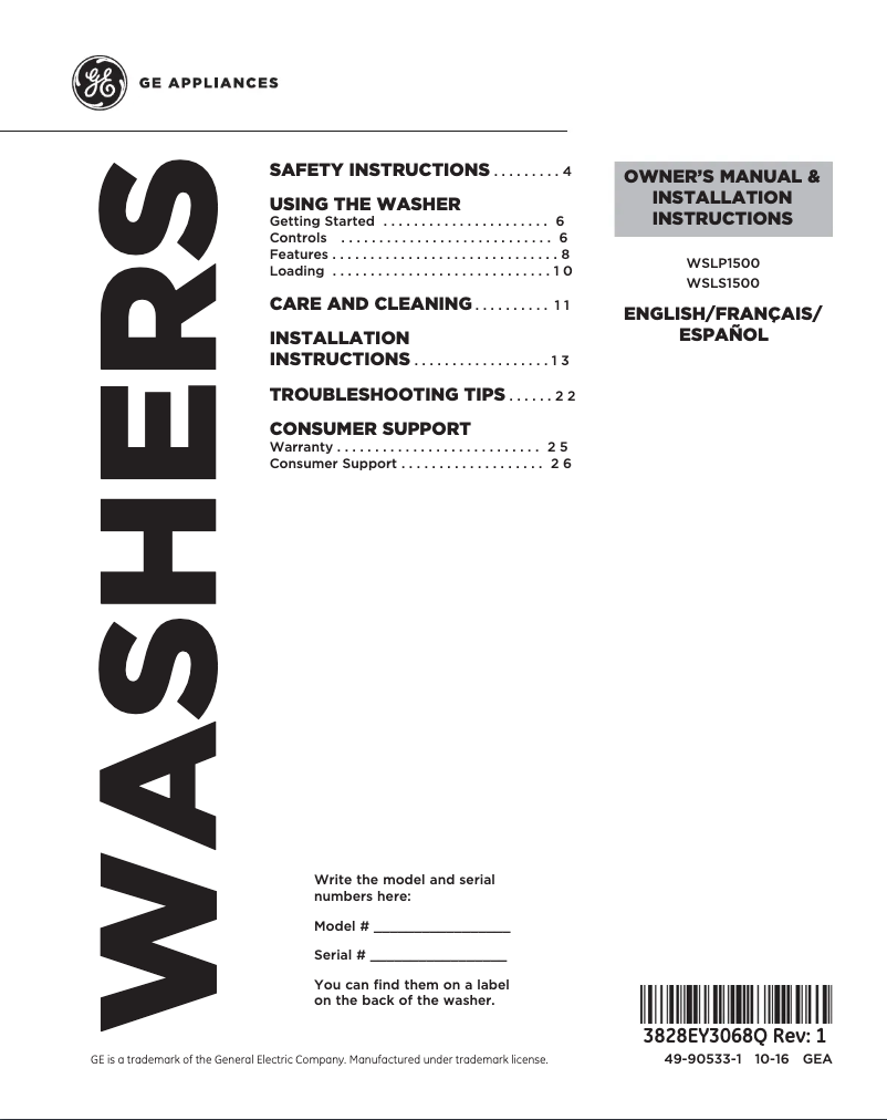 First page image of the manual for WSLS1500HWW