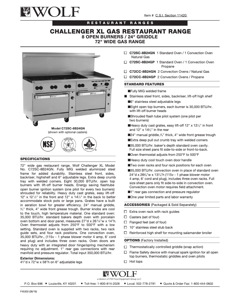 Page 1 of the manual Technical Sheet Wolf C72SC-8B24G