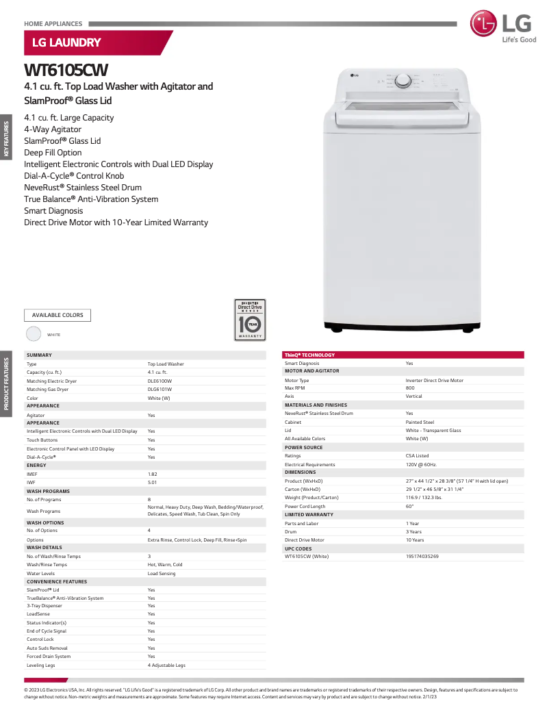Page 1 of the manual Technical Sheet LG WT6105CW