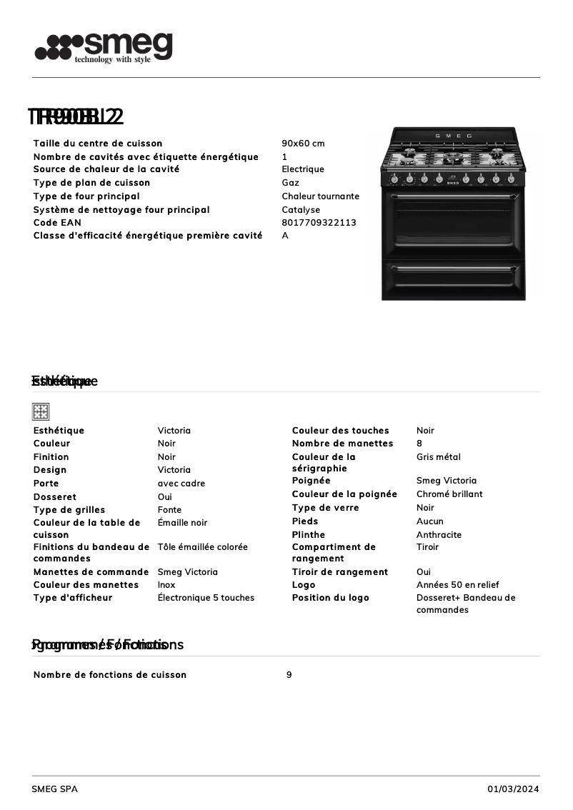 Page 1 of the manual Technical Sheet Smeg TR90BL2