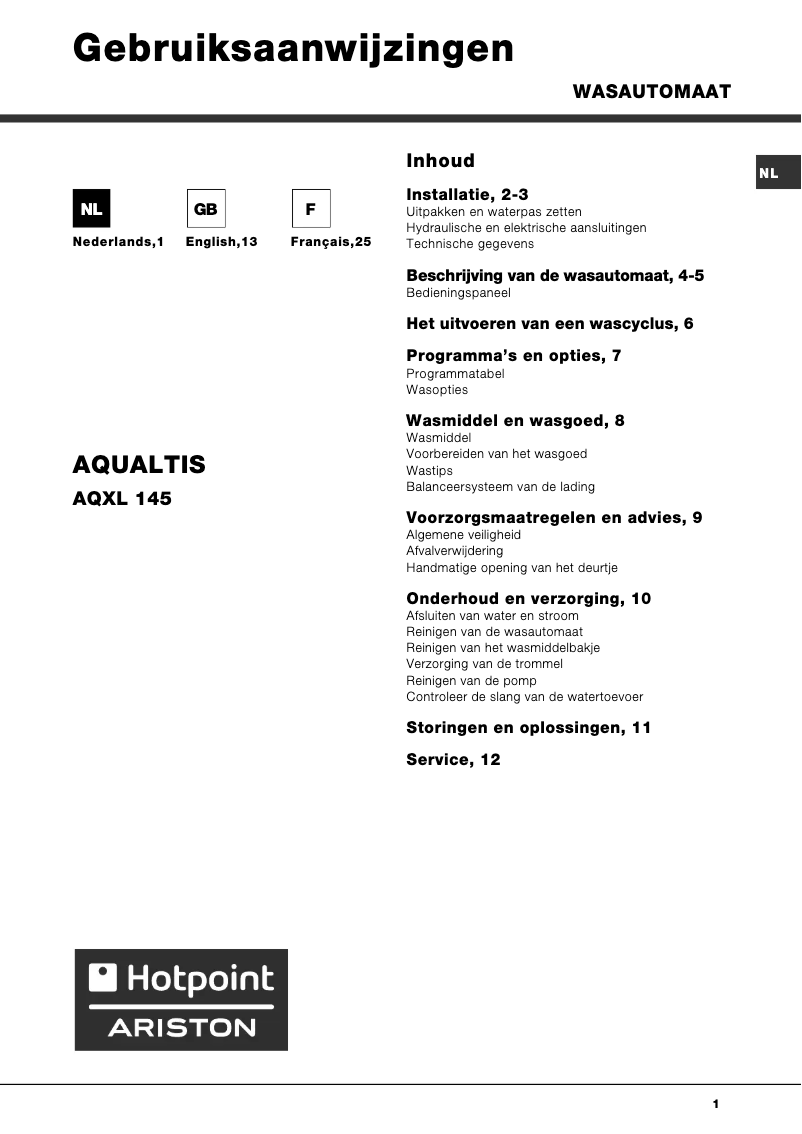 Page 1 of the manual User Manual Hotpoint Ariston AQXL 145