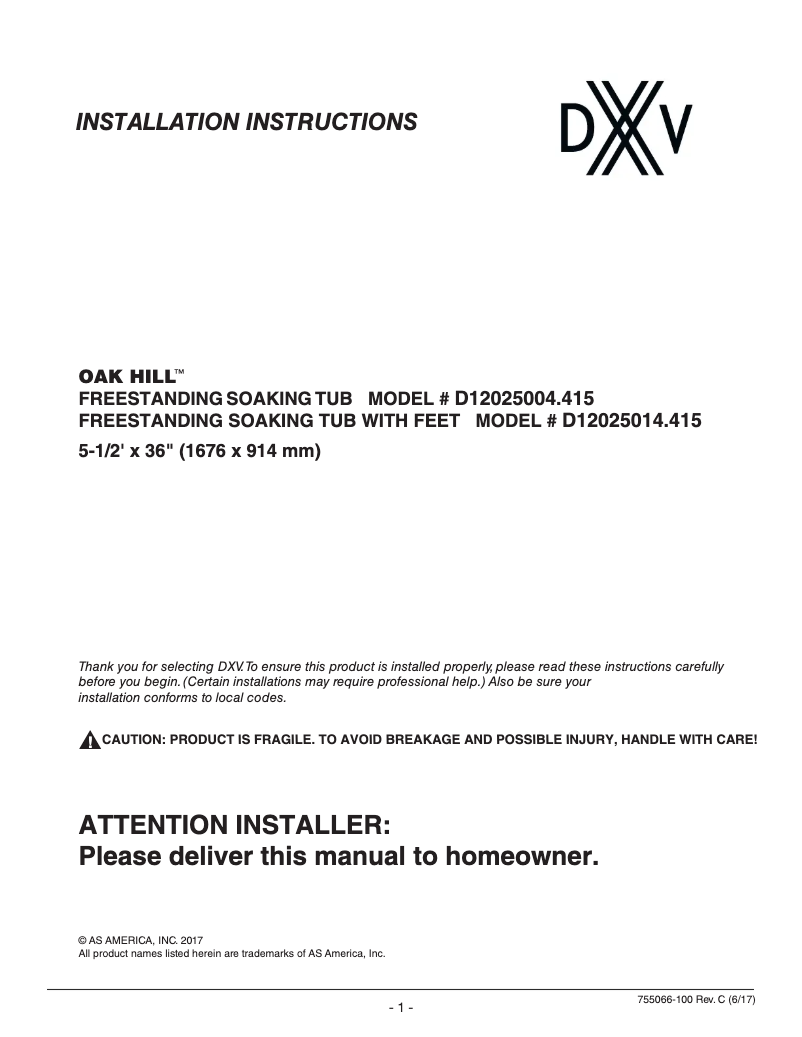 Page 1 de la notice Manuel utilisateur Dxv Oak Hill D12025014
