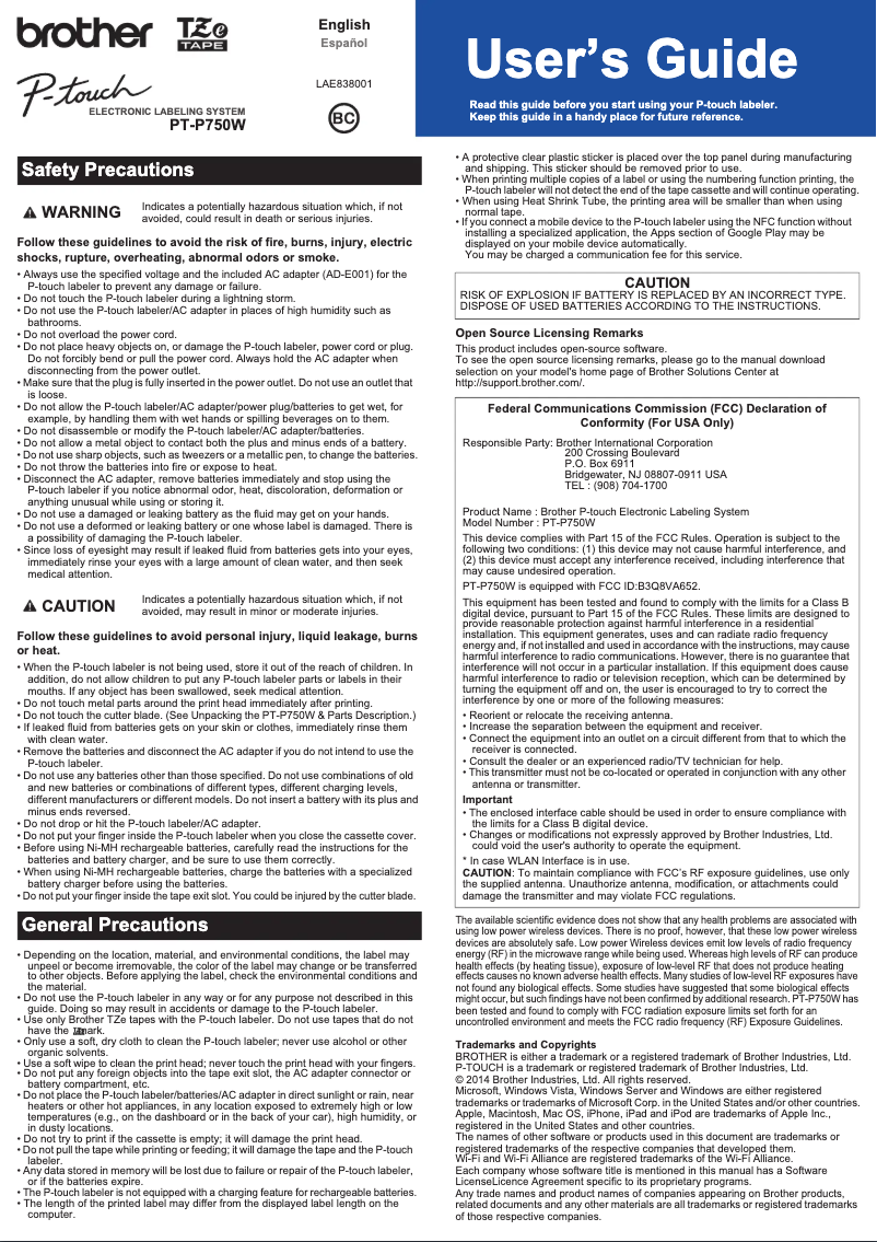 First page image of the manual for PTP750WVP