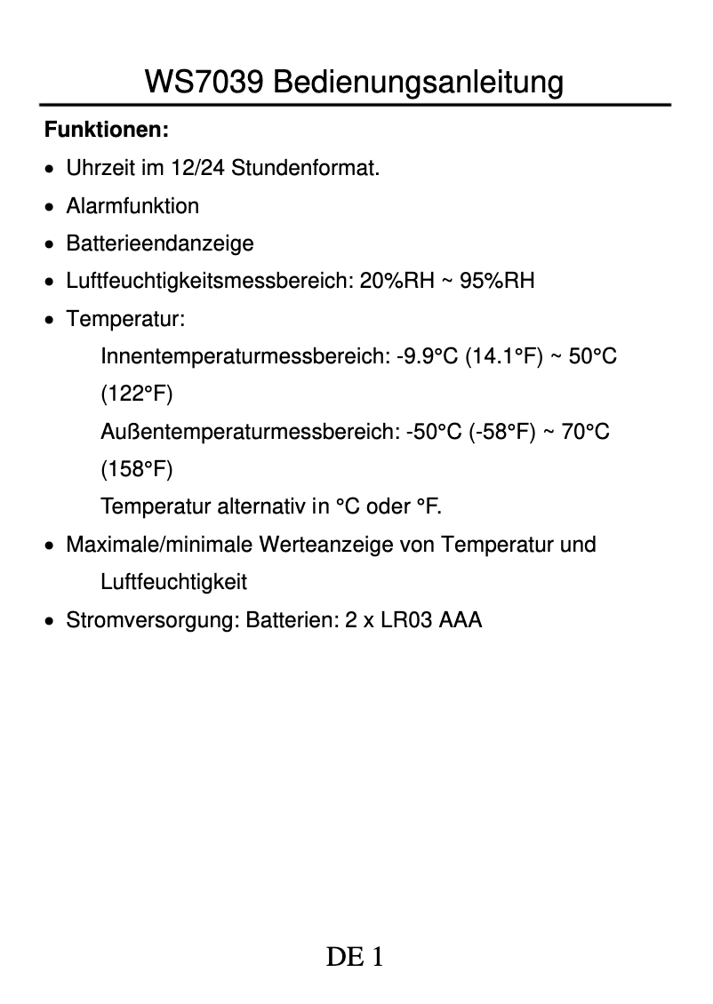 First page image of the manual for WS 7039