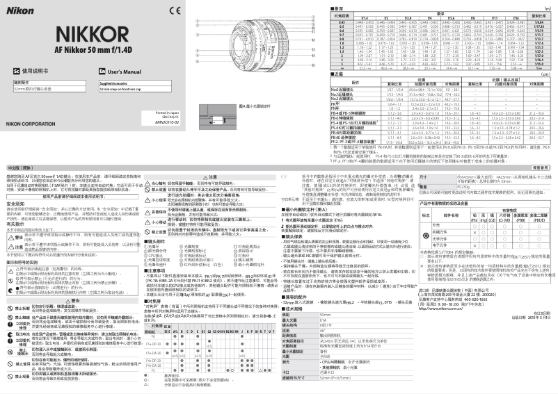 First page image of the manual for Nikkor AF 50mm f/1.4D