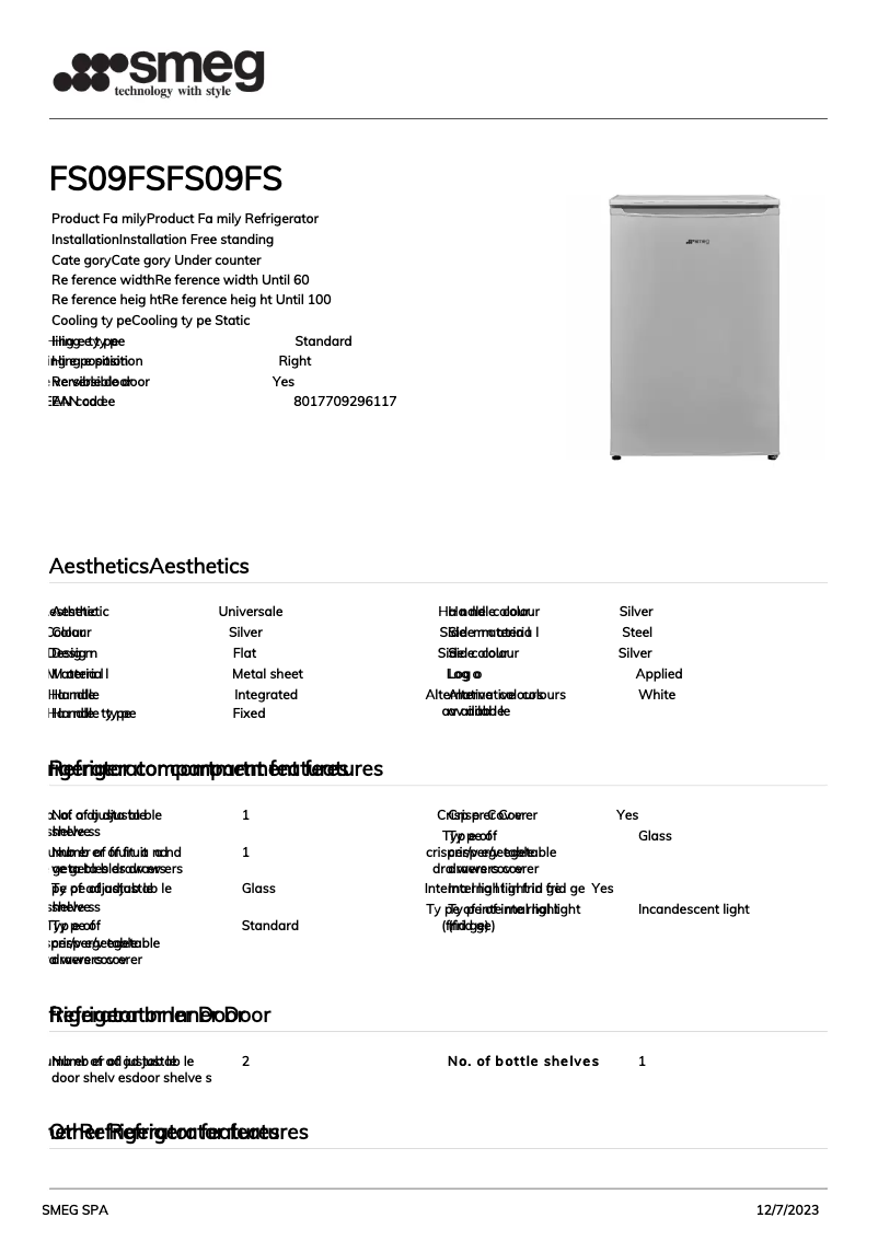 Page 1 of the manual Technical Sheet Smeg FS09FS