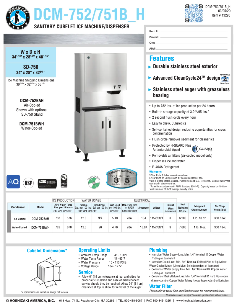 Page 1 of the manual Technical Sheet Hoshizaki DCM-751BAH