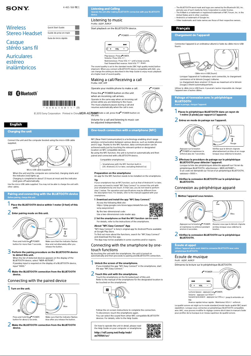 First page image of the manual for MDR-AS700BT