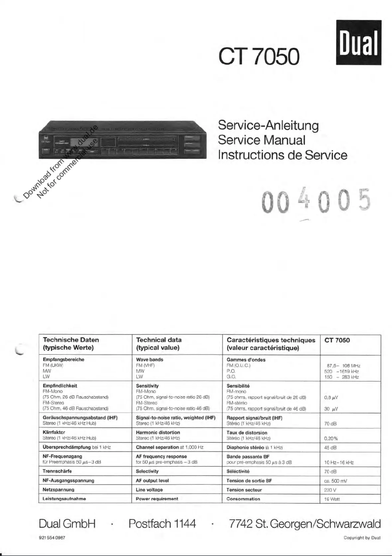 Page 1 of the manual User Manual Dual CT 7050