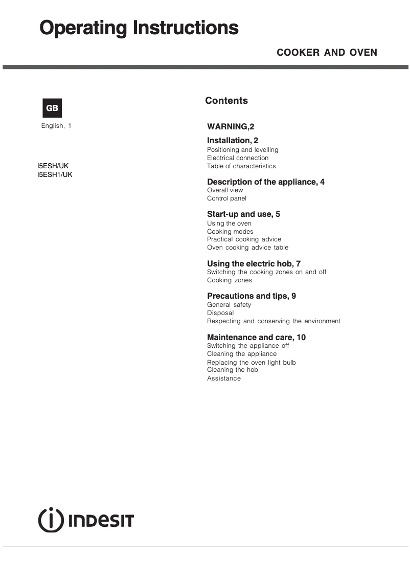 Page 1 of the manual Instruction Manual Indesit I5ESHWUK