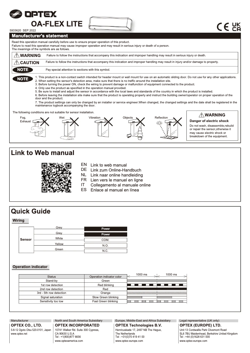 First page image of the manual for OA-Flex Lite