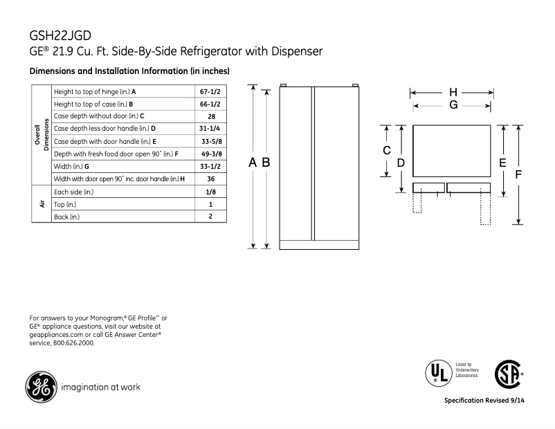 Page 1 of the manual Technical Sheet GE GSH22JGDCC