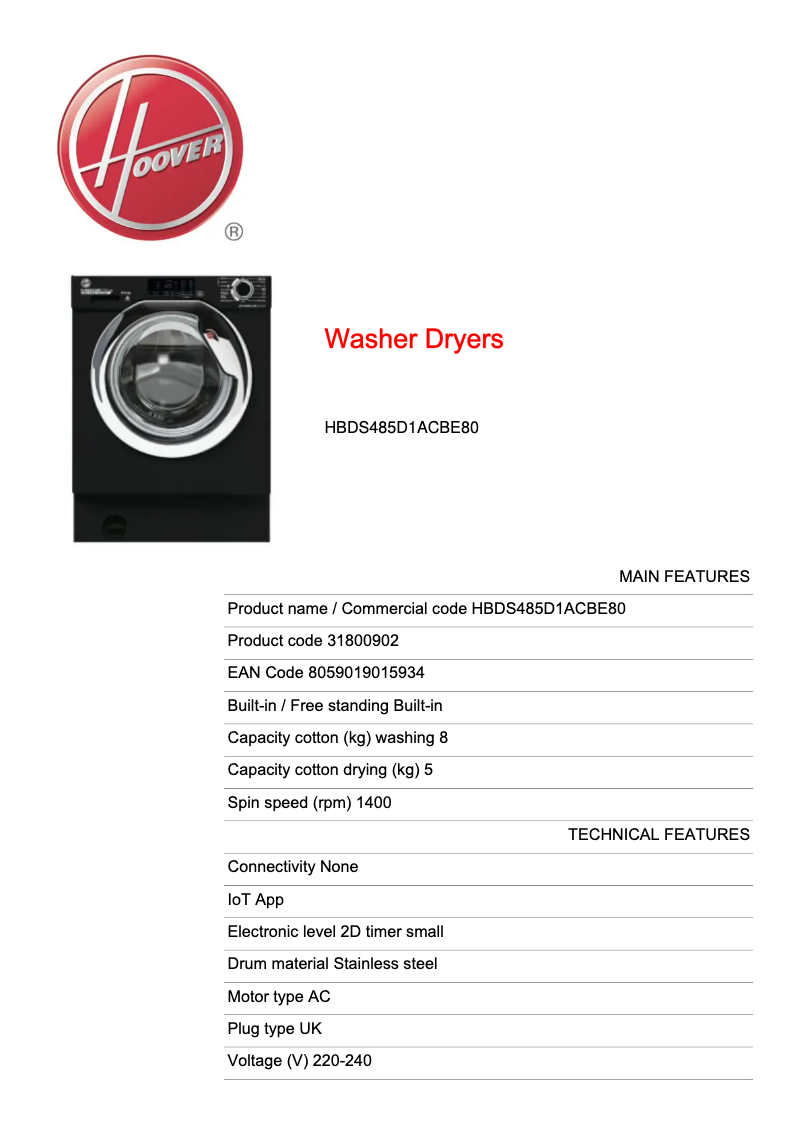 Page 1 of the manual Technical Sheet Hoover H-WASH 300 LITE HBDS485D1ACBE80