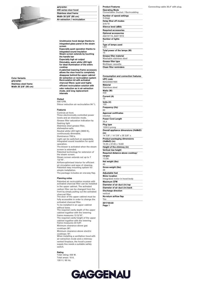 Page 1 of the manual Technical Sheet Gaggenau AF210791