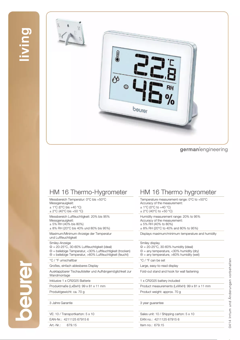 Page 1 of the manual Technical Sheet Beurer HM 16