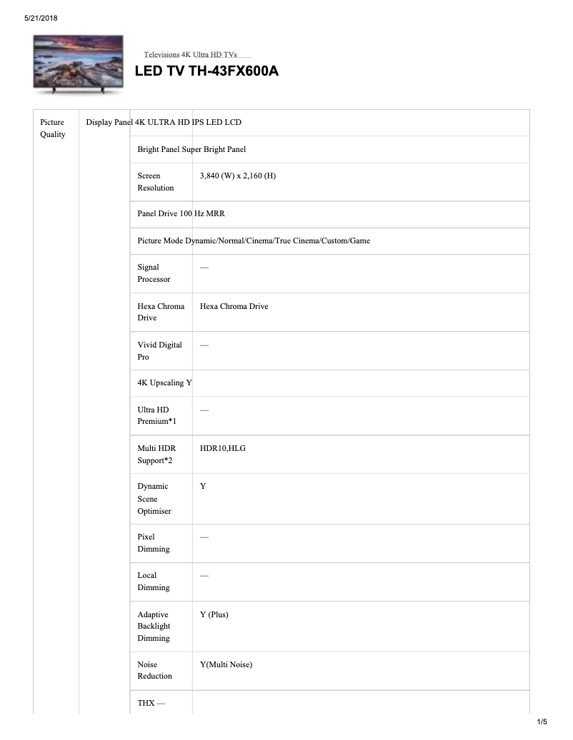 Page 1 of the manual Technical Sheet Panasonic TH-43FX600A