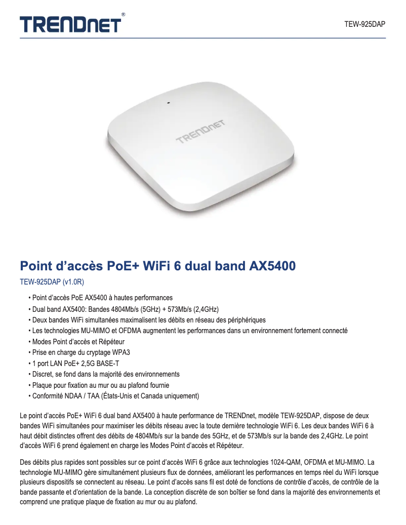 Page 1 of the manual Technical Sheet TRENDnet TEW-925DAP