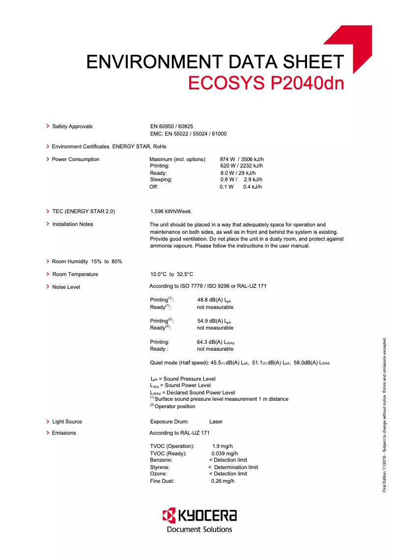 Page 1 of the manual Technical Sheet Kyocera ECOSYS P2040dn