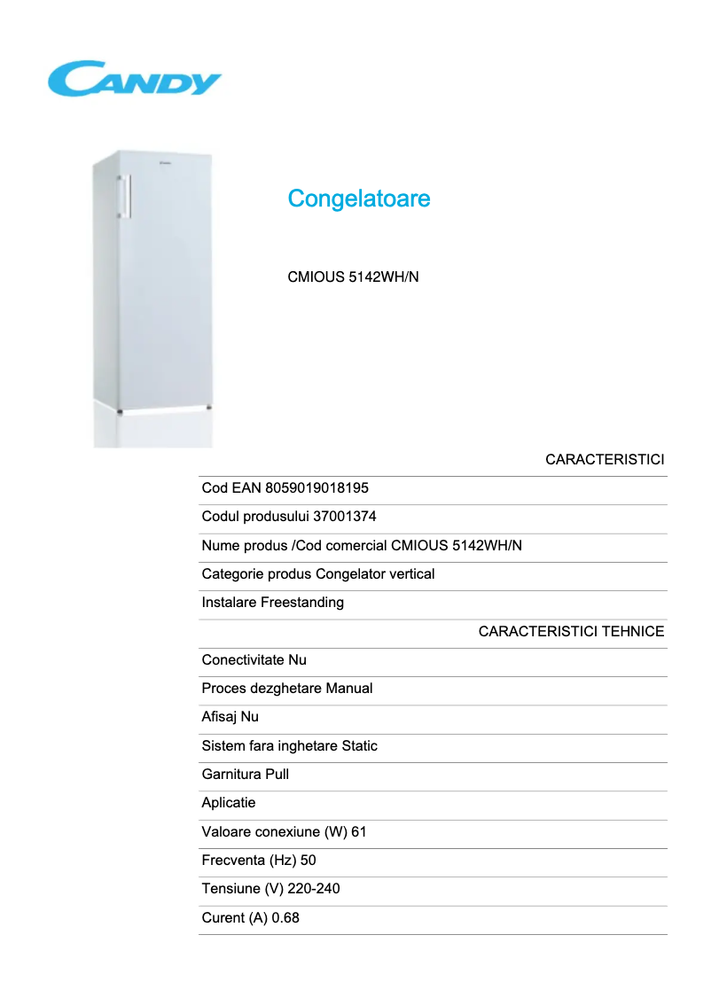 Page 1 of the manual Technical Sheet Candy CMIOUS 5142WH/N