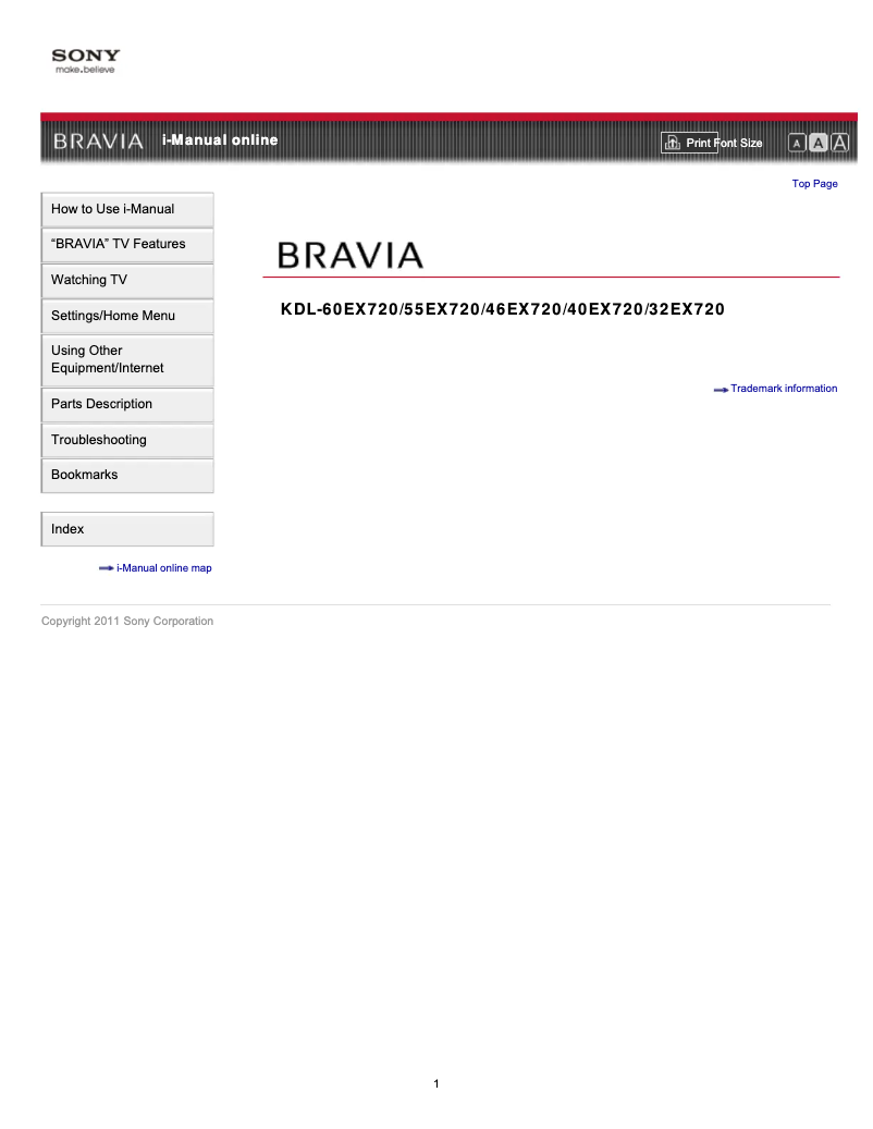 First page image of the manual for KDL-46EX720