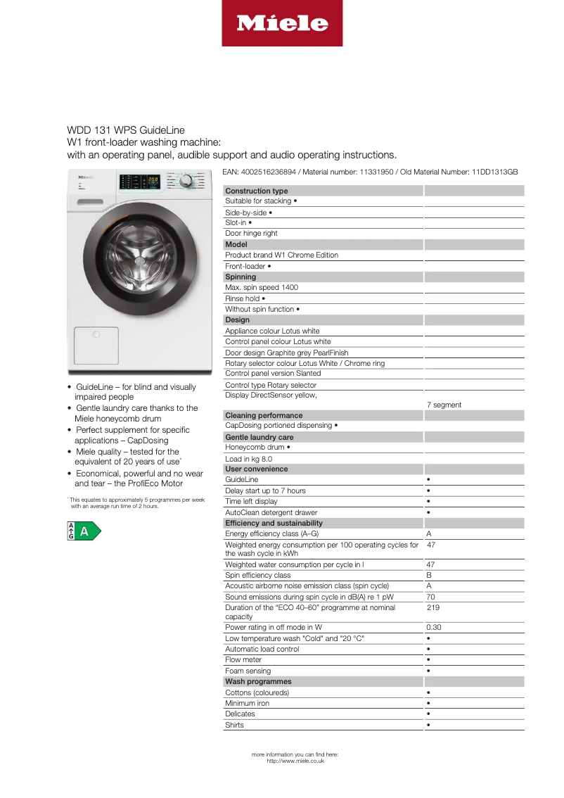 Page 1 of the manual Technical Sheet Miele WDD 131 WPS GuideLine