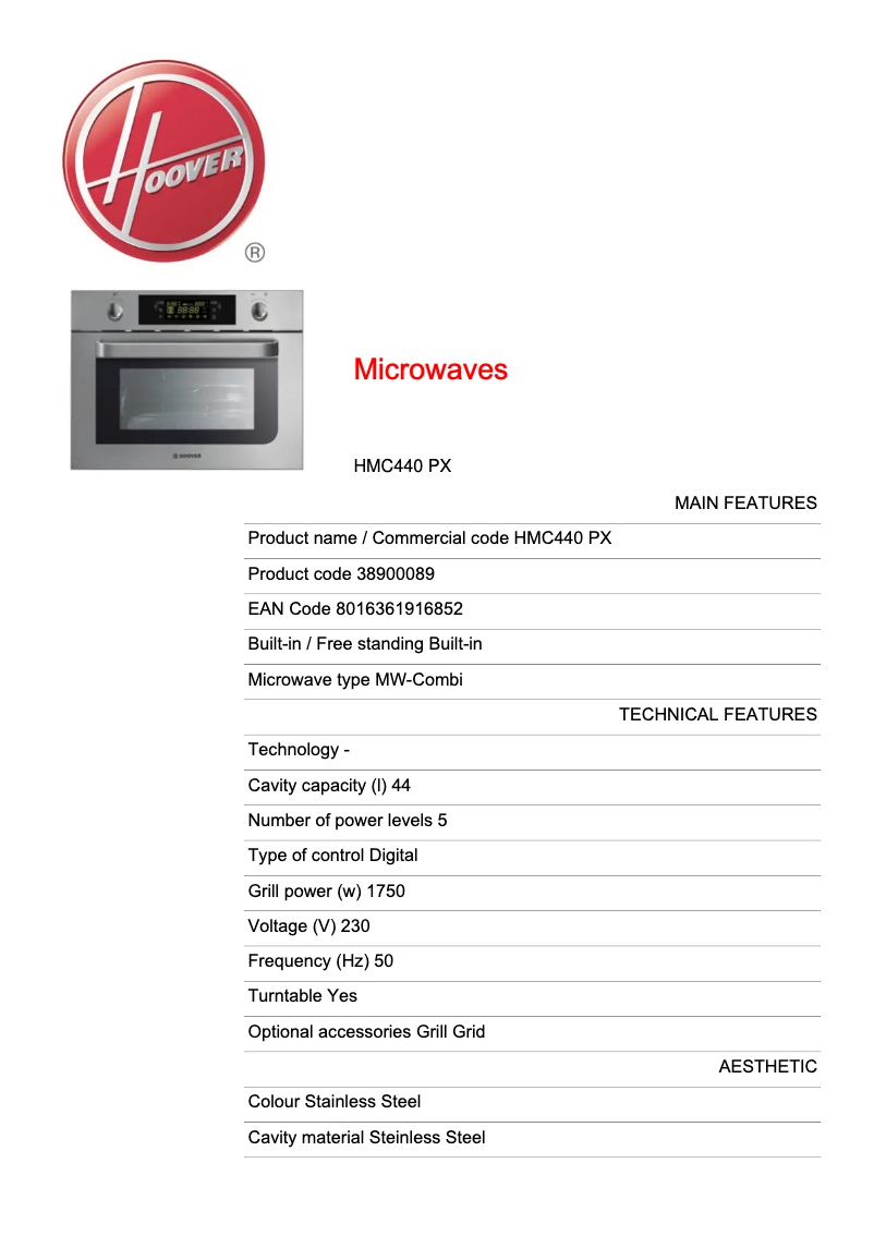 Page 1 of the manual Technical Sheet Hoover HMC440 PX