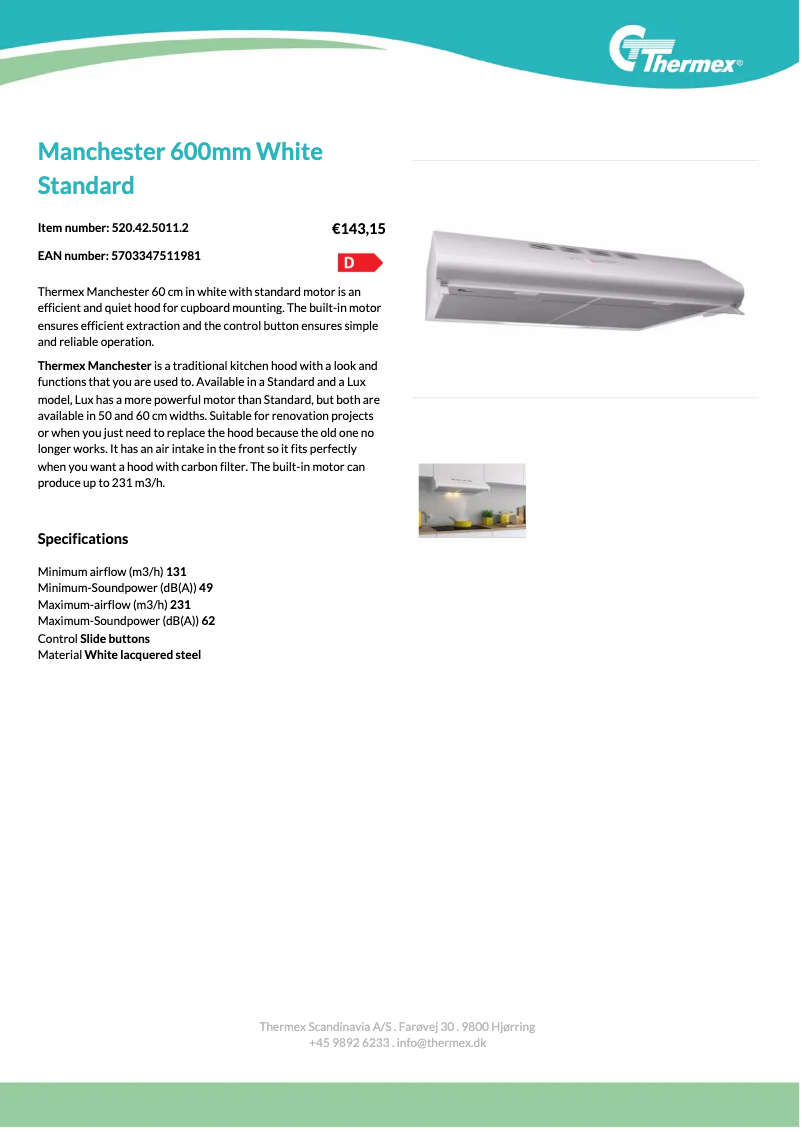 Page 1 of the manual Technical Sheet Thermex Manchester