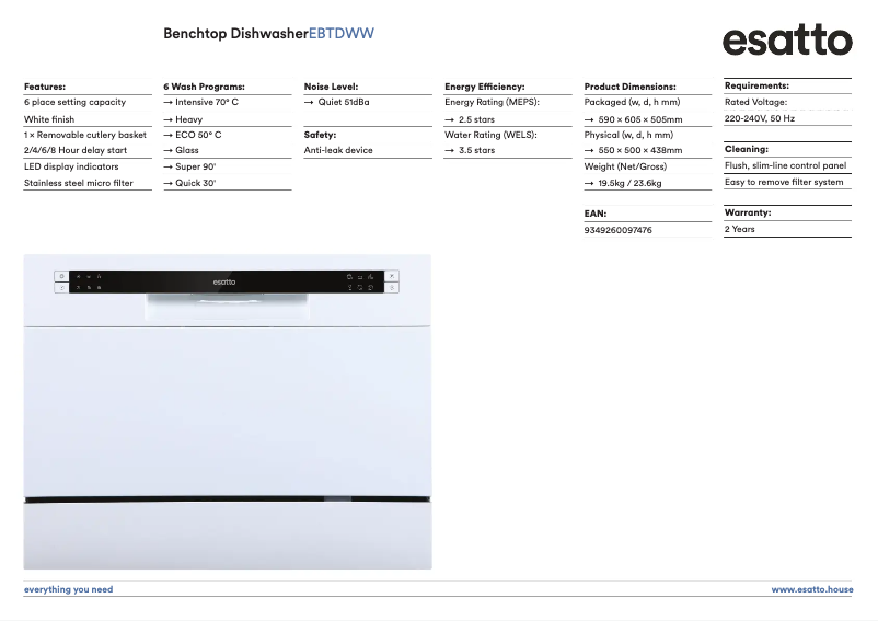 Page 1 of the manual Technical Sheet Esatto EBTDWW
