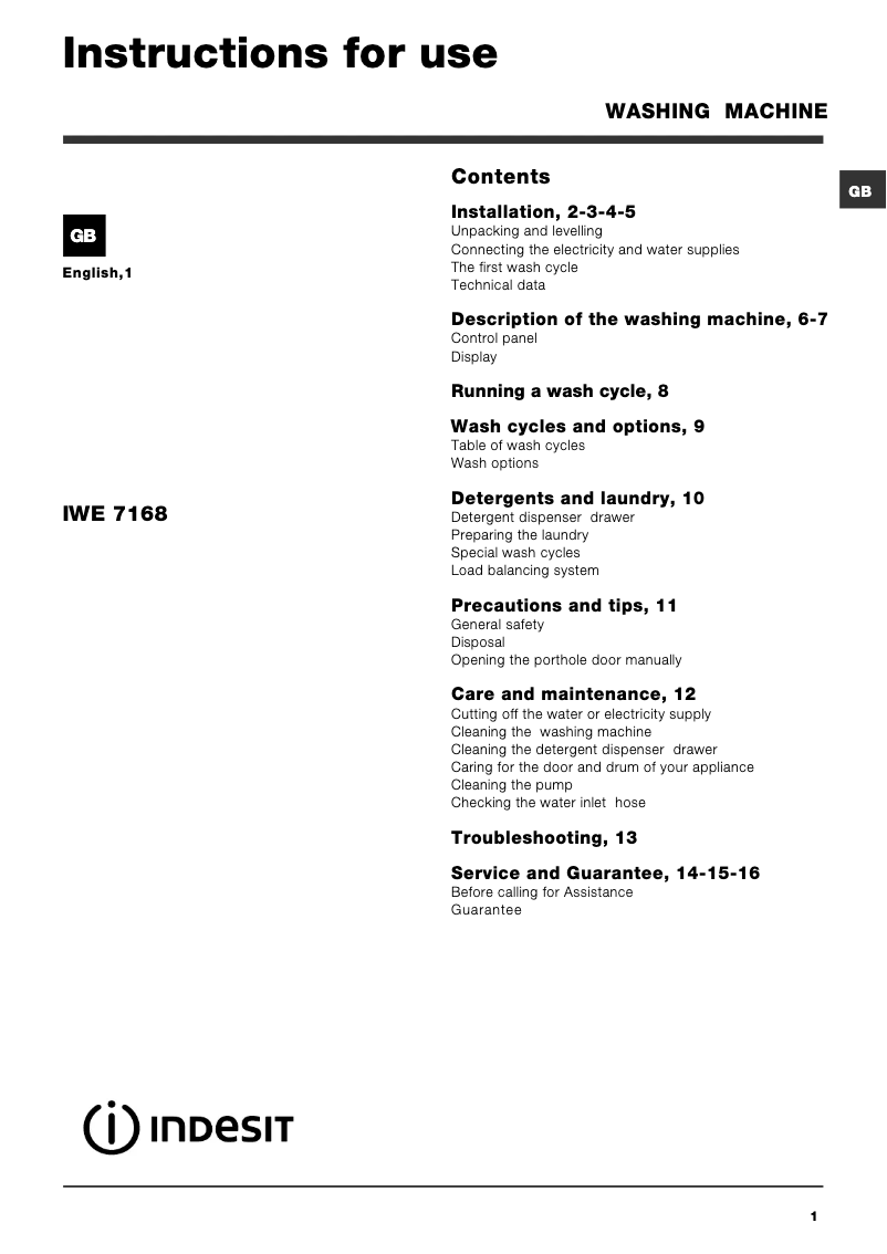 Page 1 of the manual User Manual Indesit IWE 7168 B (UK)
