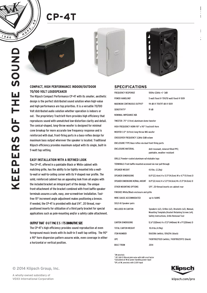 Page 1 of the manual Technical Sheet Klipsch Performance CP-6T