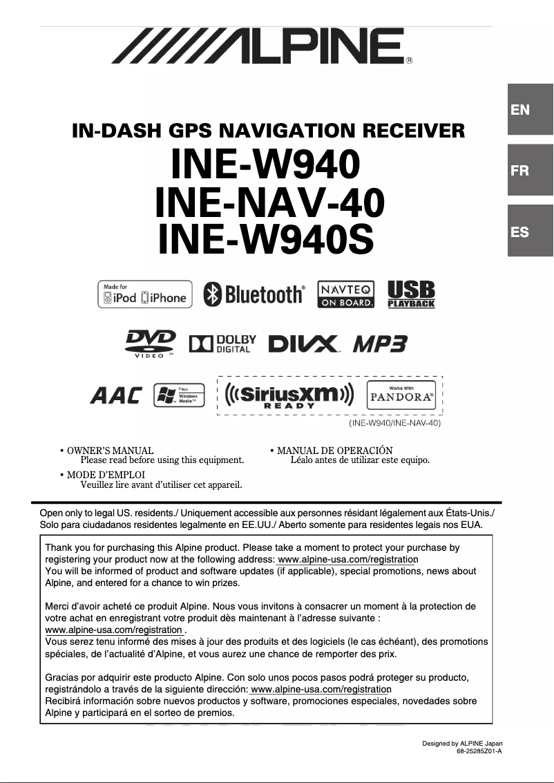 Page 1 of the manual User Manual Alpine INE-W940