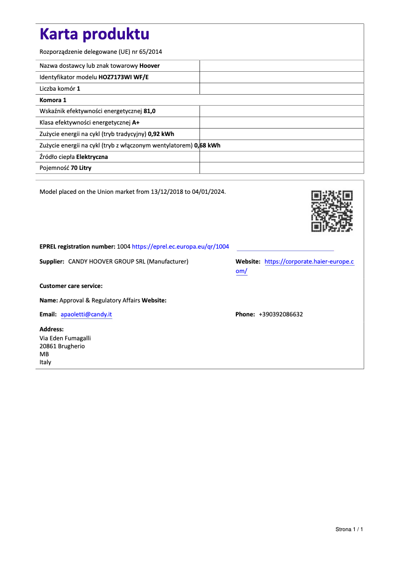 Page 1 of the manual Technical Sheet Hoover HOZ7173WI WF/E